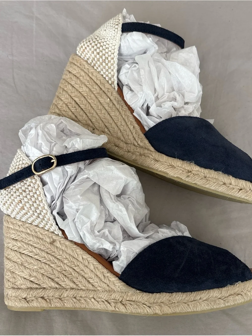 Navy Blue Espadrille Wedge Sandals with Ankle Strap